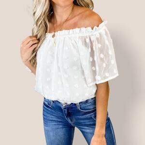 Boutique NWOT White Double Layered Textured Polka Dot Off the Shoulder Blouse